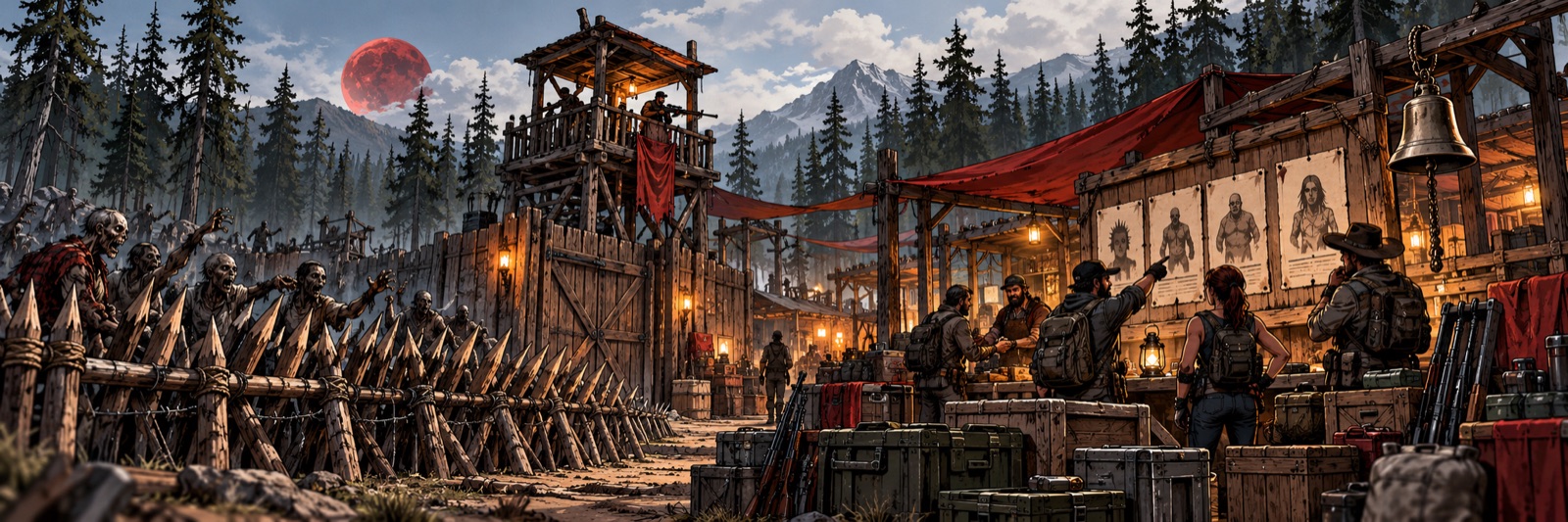 Illustrated survivor outpost with a zombie barricade, supply crates and a bounty board