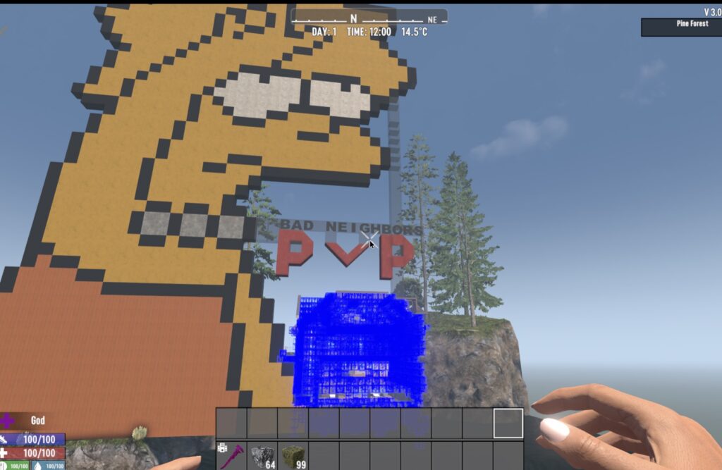In-game Bad Neighbors PvP build with pixel art and forest sky